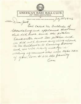 1946 Connie Mack Hand Written and Signed Letter (JSA)
